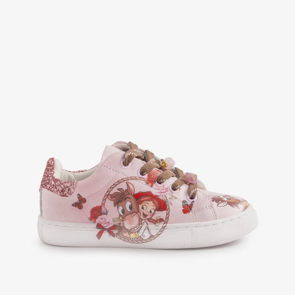Monnalisa-Girls Pink Toy Story Leather Trainers with Jessie Prints | Childrensalon