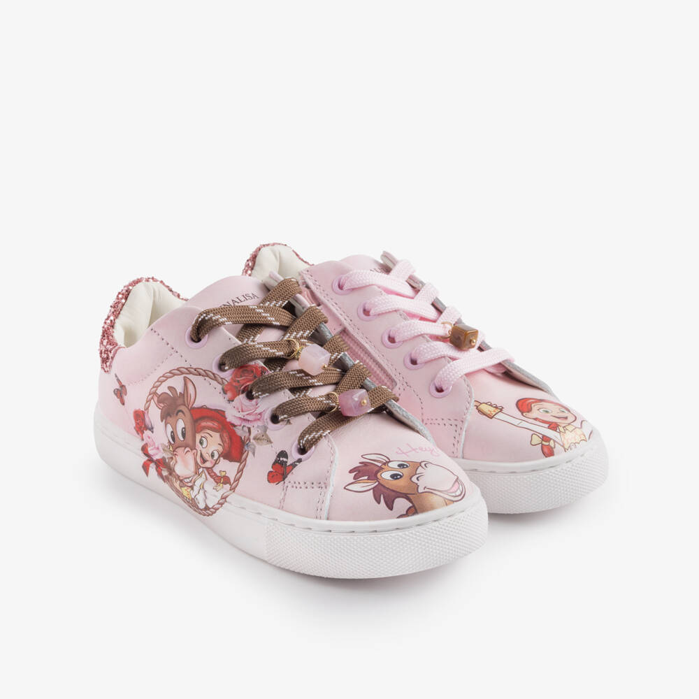 Monnalisa-Girls Pink Toy Story Leather Trainers with Jessie Prints  | Childrensalon