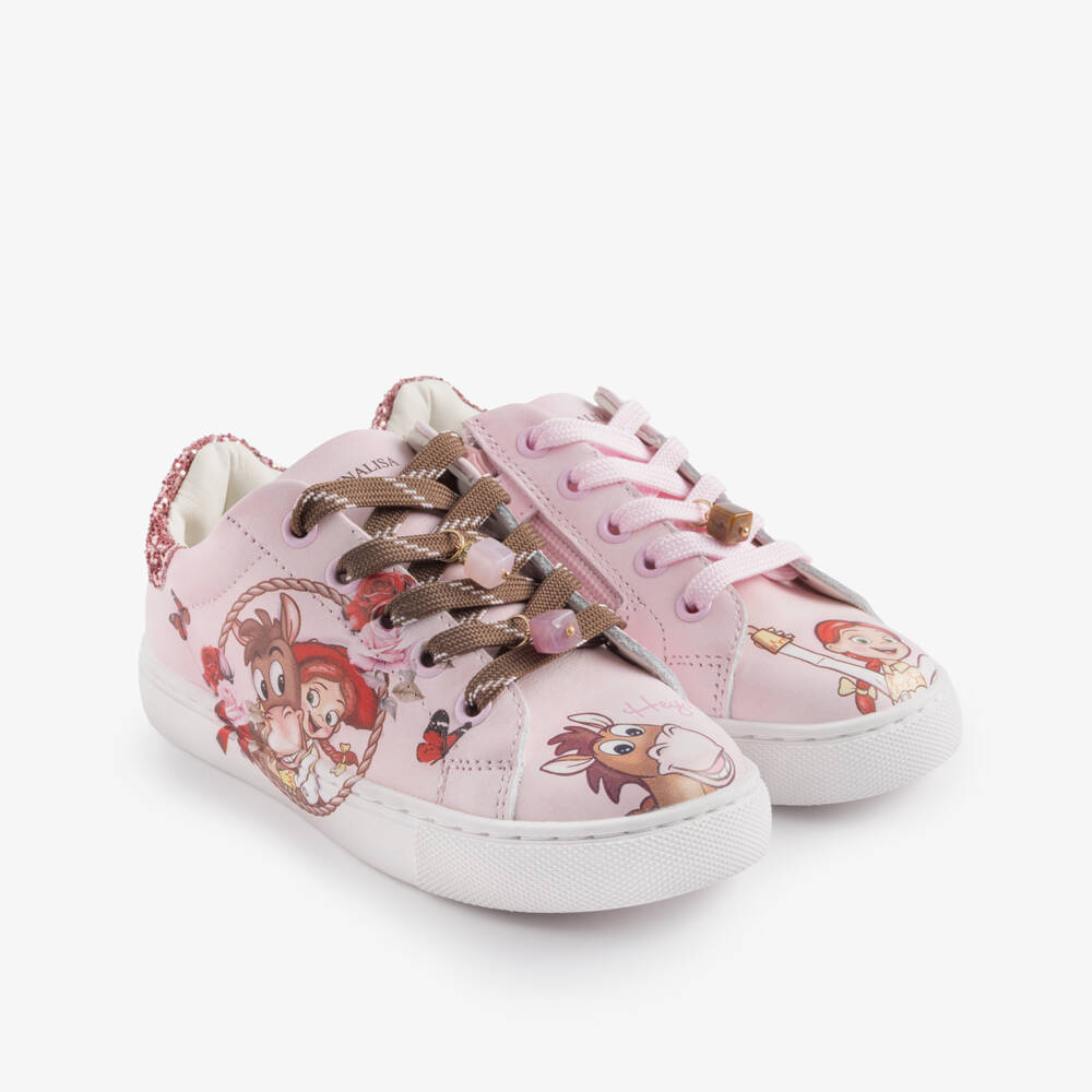 Monnalisa-Girls Pink Toy Story Leather Trainers with Jessie Prints  | Childrensalon