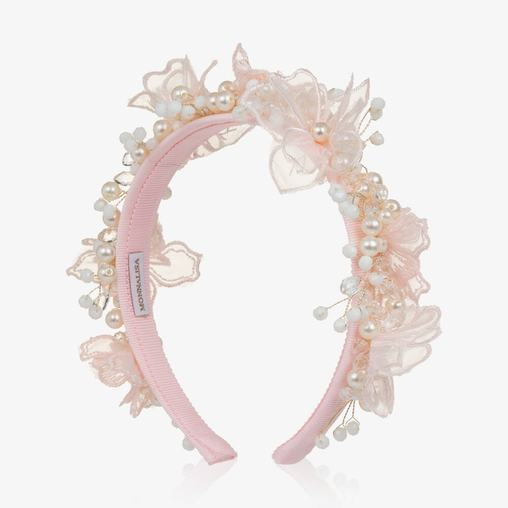 Monnalisa-Girls Pink Tulle Flower & Pearl Bead Hairband | Childrensalon