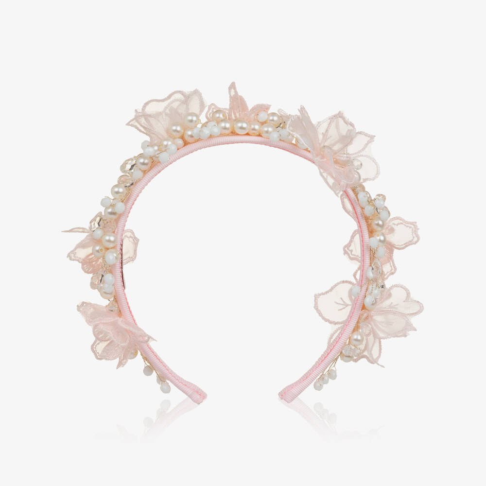 Monnalisa-Girls Pink Tulle Flower & Pearl Bead Hairband | Childrensalon