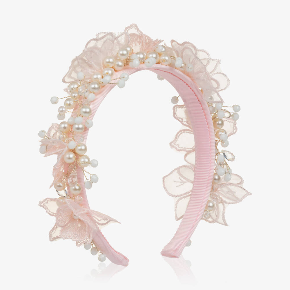 Monnalisa-Girls Pink Tulle Flower & Pearl Bead Hairband | Childrensalon