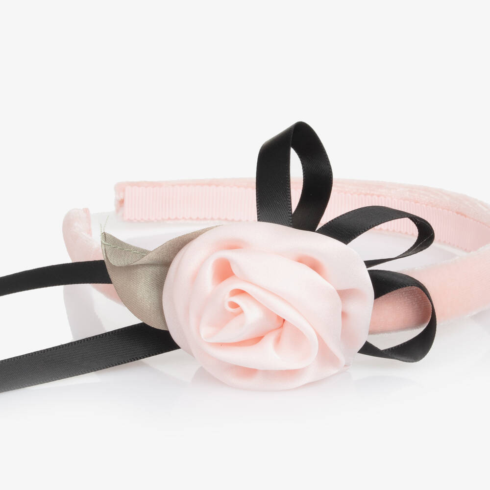 Monnalisa-Girls Pink Velvet Rose & Bow Hairband | Childrensalon