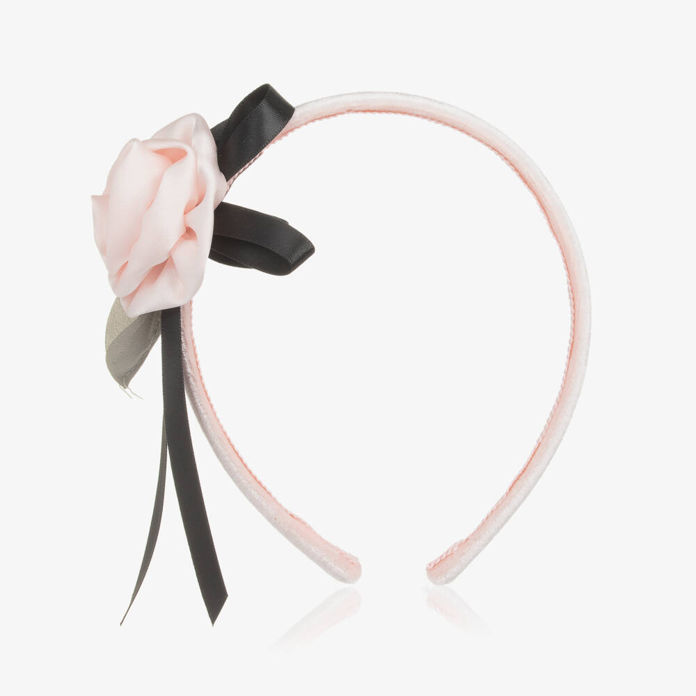 Monnalisa-Girls Pink Velvet Rose & Bow Hairband | Childrensalon