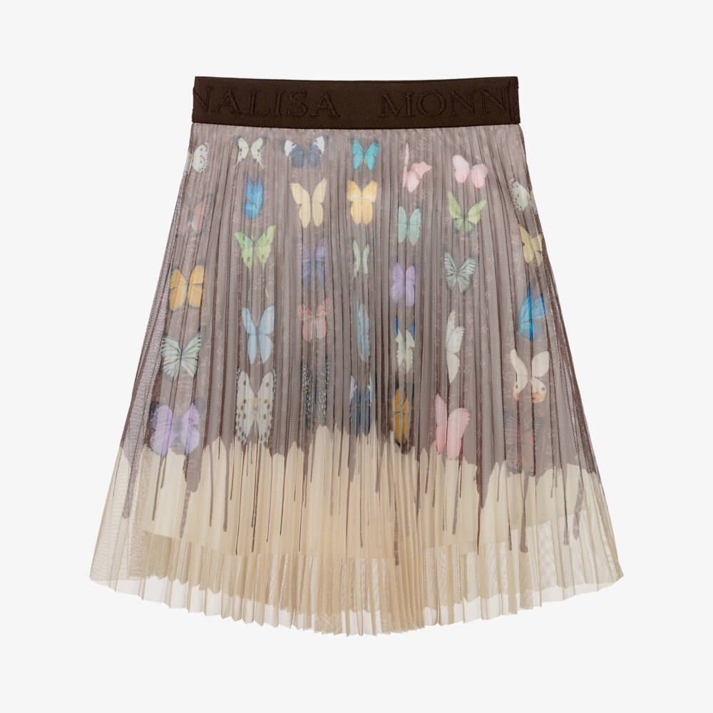 Monnalisa-Girls Pleated Brown & Beige Butterfly Skirt | Childrensalon