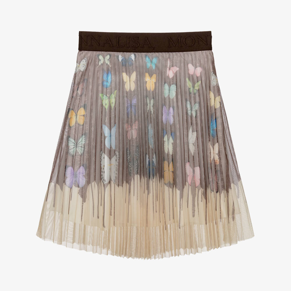 Monnalisa-Girls Pleated Brown & Beige Butterfly Skirt | Childrensalon