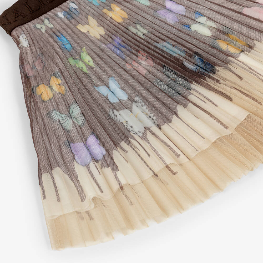 Monnalisa-Girls Pleated Brown & Beige Butterfly Skirt | Childrensalon