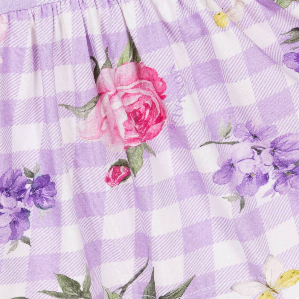 Monnalisa-Girls Purple Check & Floral Print Cotton Jersey Dress | Childrensalon