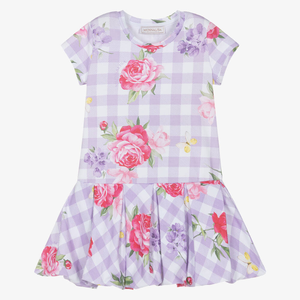 Monnalisa-Girls Purple Check & Floral Print Cotton Jersey Dress | Childrensalon