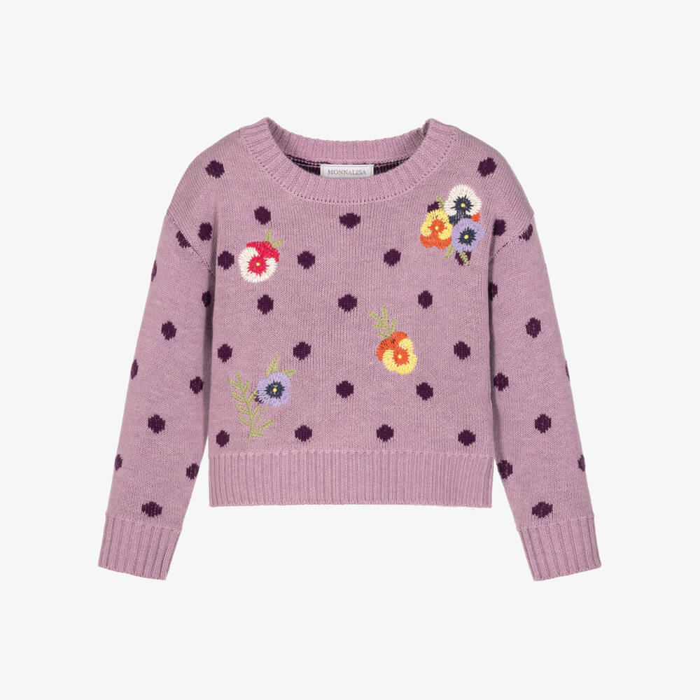 Monnalisa-Girls Purple Pansy & Polka Dot Knit Sweater | Childrensalon