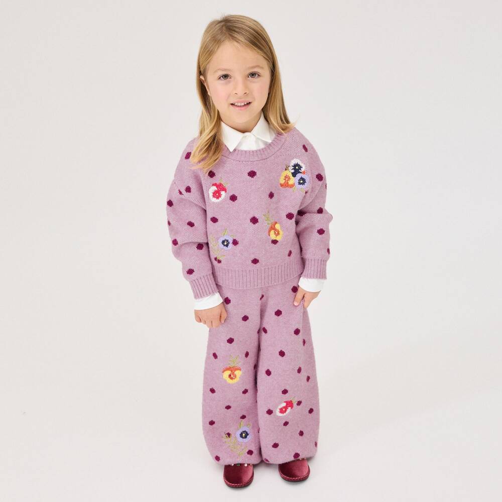 Monnalisa-Girls Purple Pansy & Polka Dot Knit Sweater | Childrensalon