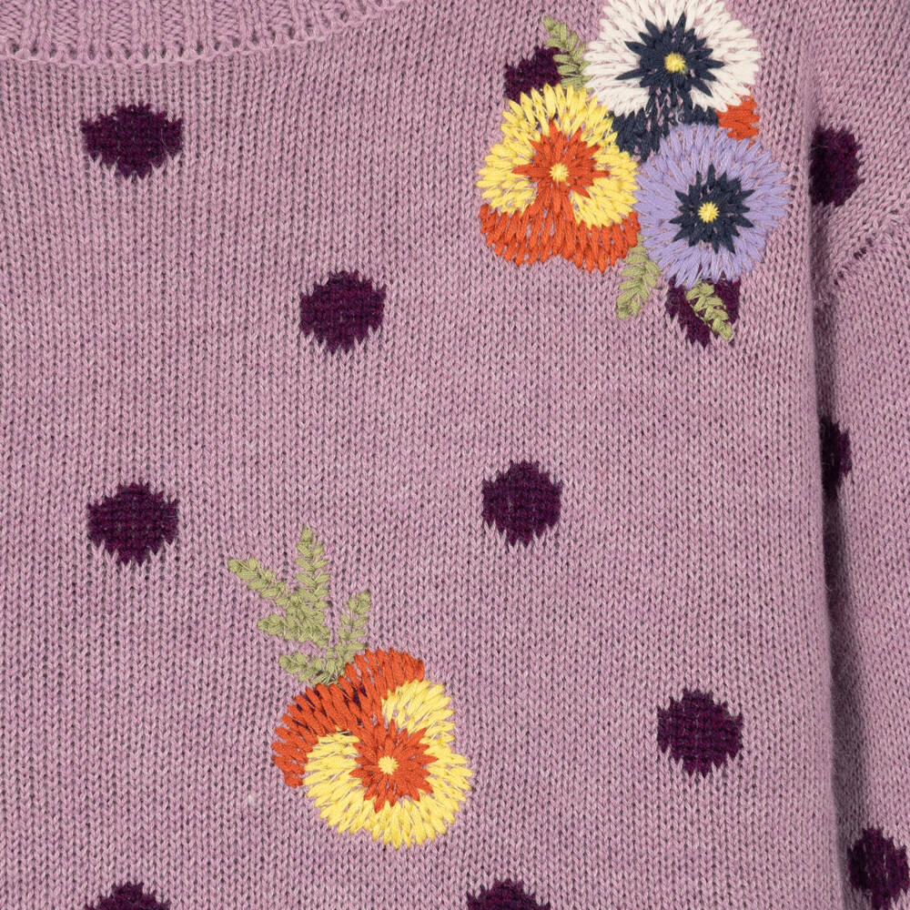 Monnalisa-Girls Purple Pansy & Polka Dot Knit Sweater | Childrensalon
