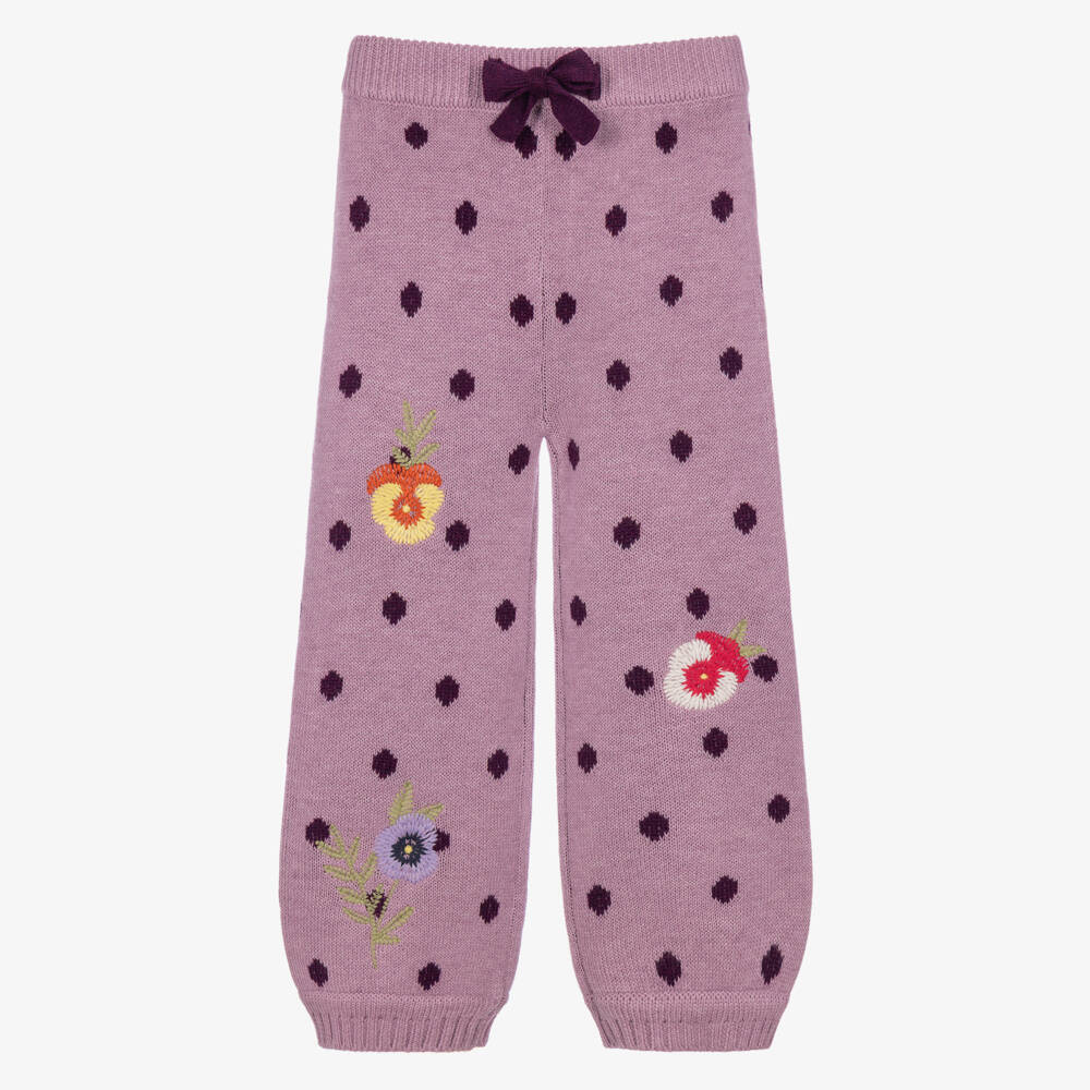 Monnalisa-Girls Purple Pansy & Polka Dot Knit Trousers | Childrensalon