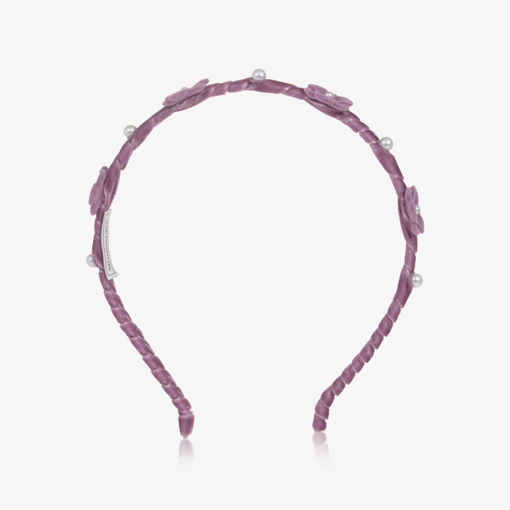 Monnalisa-Girls Purple Velvet Hairband with Beaded Flowers | Childrensalon