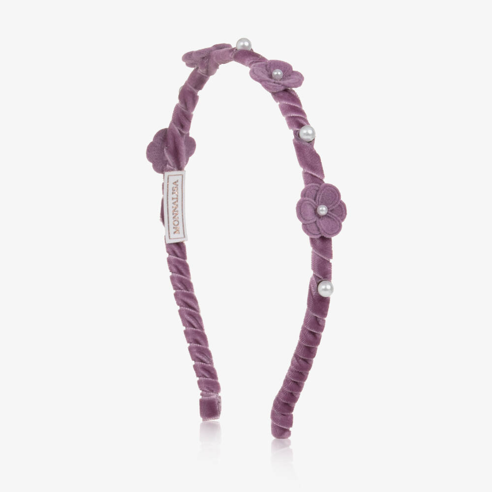 Monnalisa-Girls Purple Velvet Hairband with Beaded Flowers | Childrensalon
