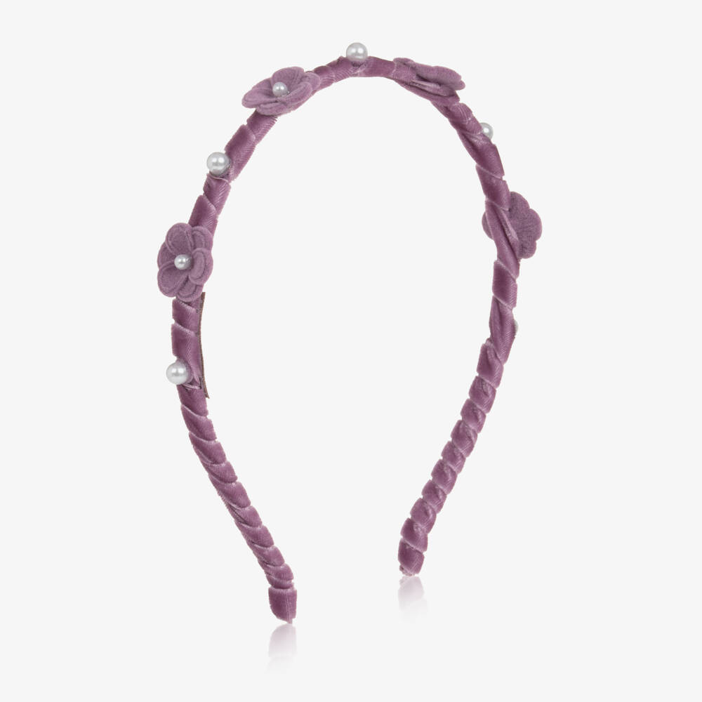 Monnalisa-Girls Purple Velvet Hairband with Beaded Flowers | Childrensalon