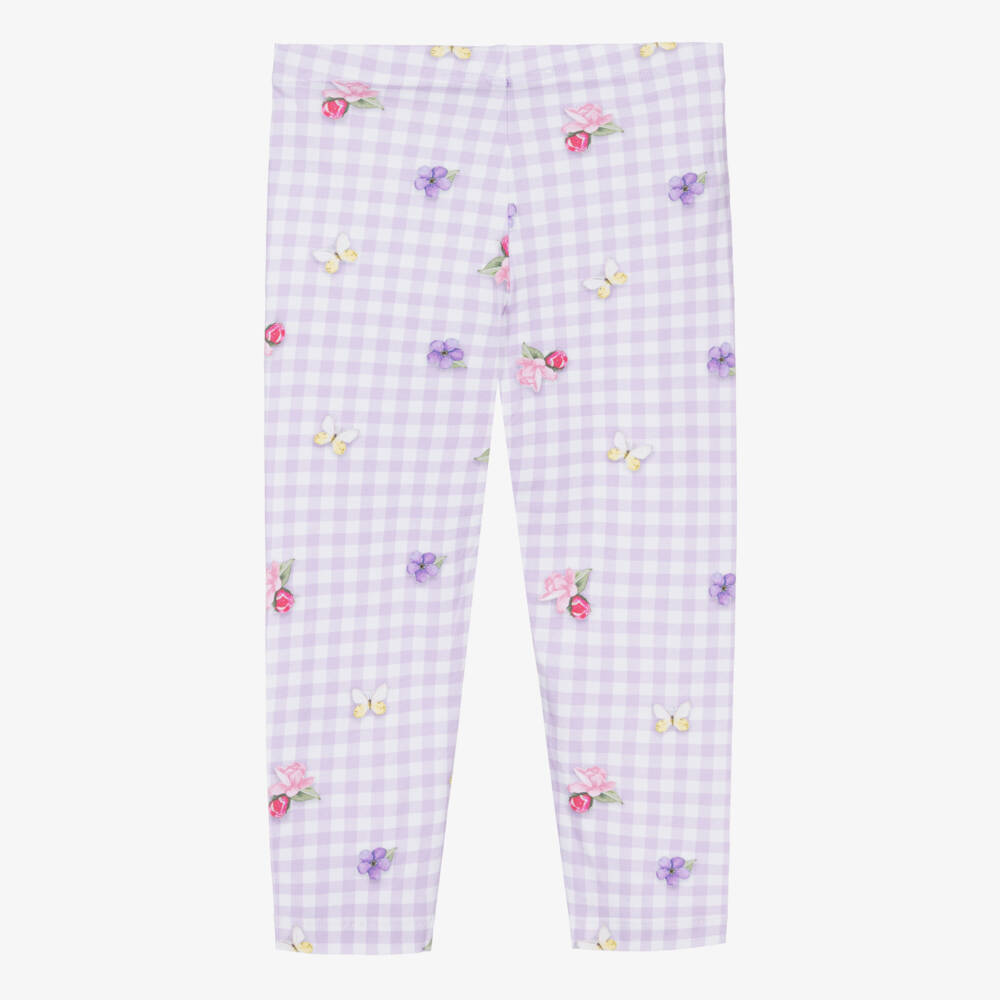 Monnalisa-Girls Purple & White Check & Floral Cotton Leggings | Childrensalon