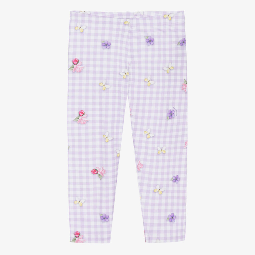 Monnalisa-Girls Purple & White Check & Floral Cotton Leggings | Childrensalon