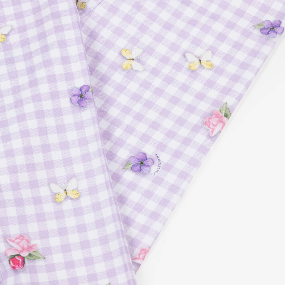 Monnalisa-Girls Purple & White Check & Floral Cotton Leggings | Childrensalon