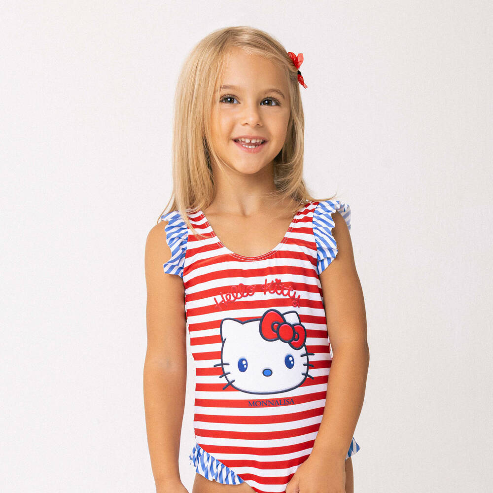 Monnalisa-Купальник красно-синий в полоску Hello Kitty для девочек | Childrensalon