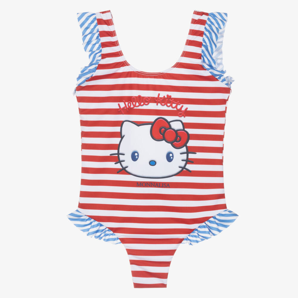 Monnalisa-Girls Red & Blue Striped Hello Kitty Swimsuit | Childrensalon