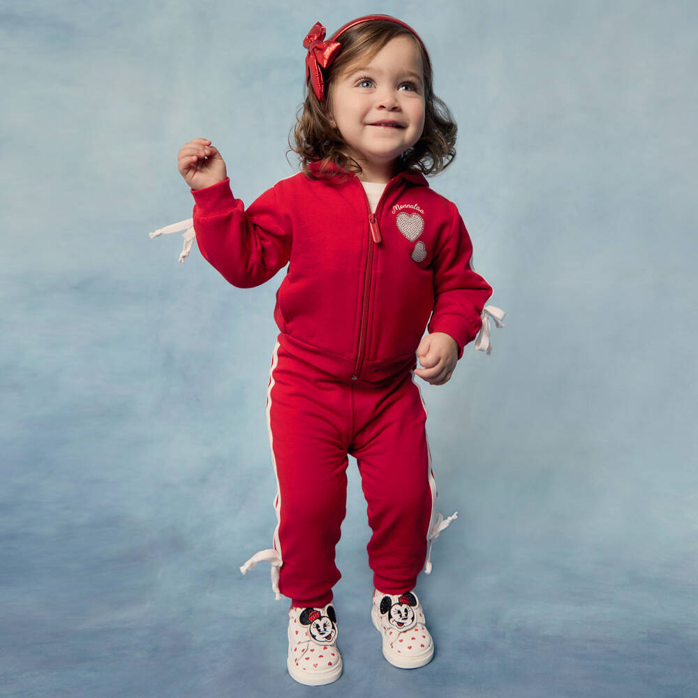 Monnalisa-Girls Red Cotton Diamanté Heart Tracksuit with Side Stripe | Childrensalon