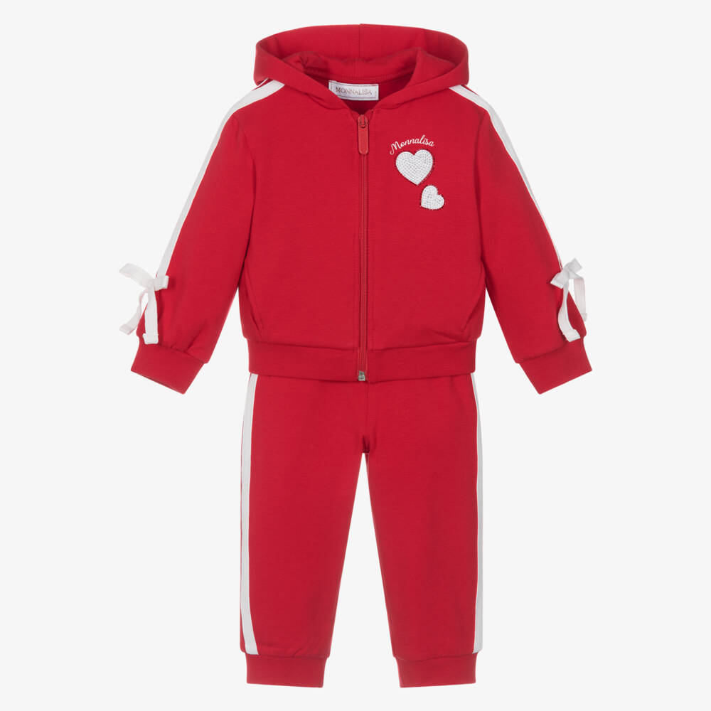 Monnalisa-Girls Red Cotton Diamanté Heart Tracksuit with Side Stripe | Childrensalon