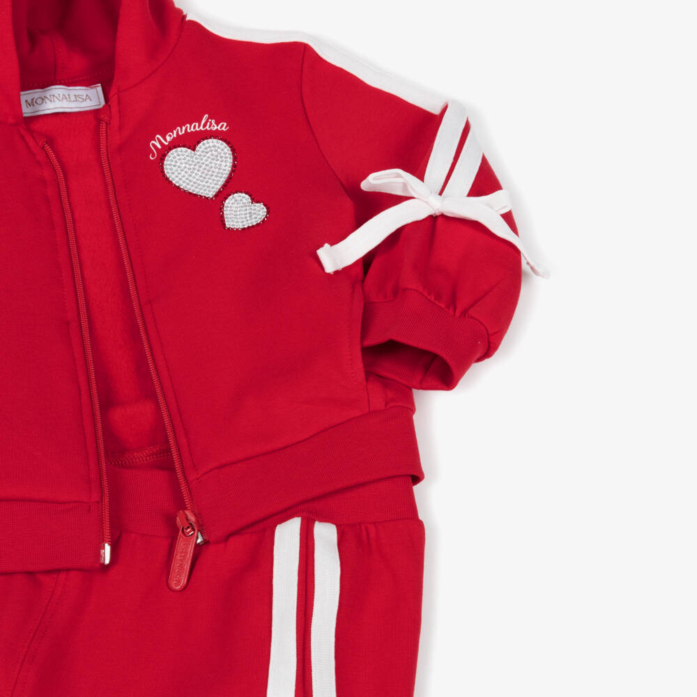 Monnalisa-Girls Red Cotton Diamanté Heart Tracksuit with Side Stripe | Childrensalon