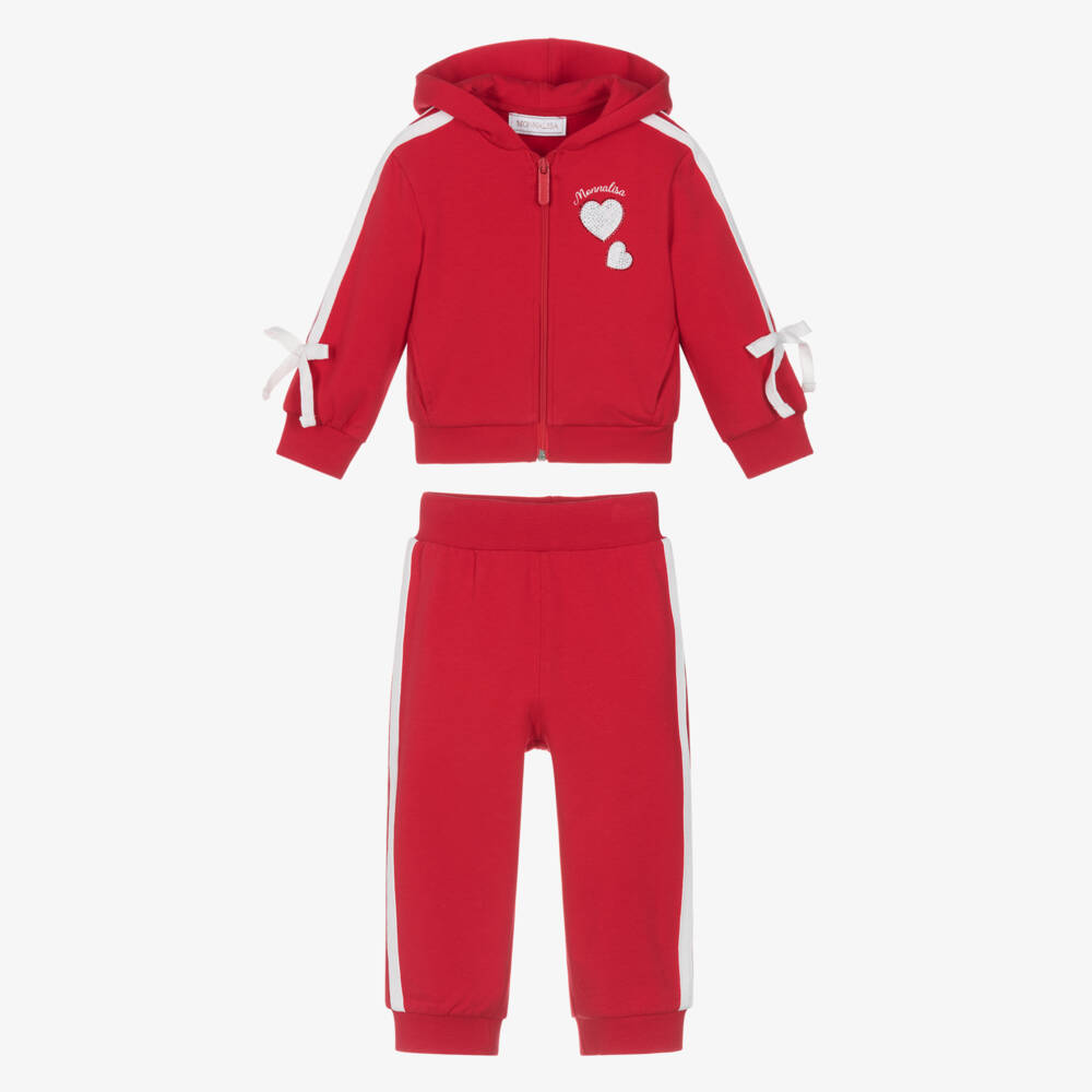 Monnalisa-Girls Red Cotton Diamanté Heart Tracksuit with Side Stripe | Childrensalon