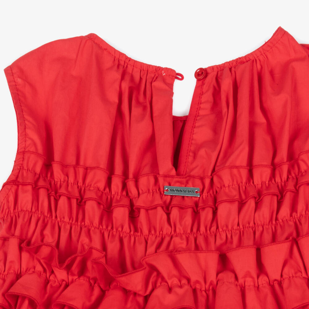 Monnalisa-Girls Red Cotton Poplin Ruffle Dress | Childrensalon