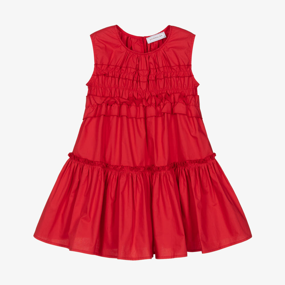 Monnalisa-Girls Red Cotton Poplin Ruffle Dress | Childrensalon