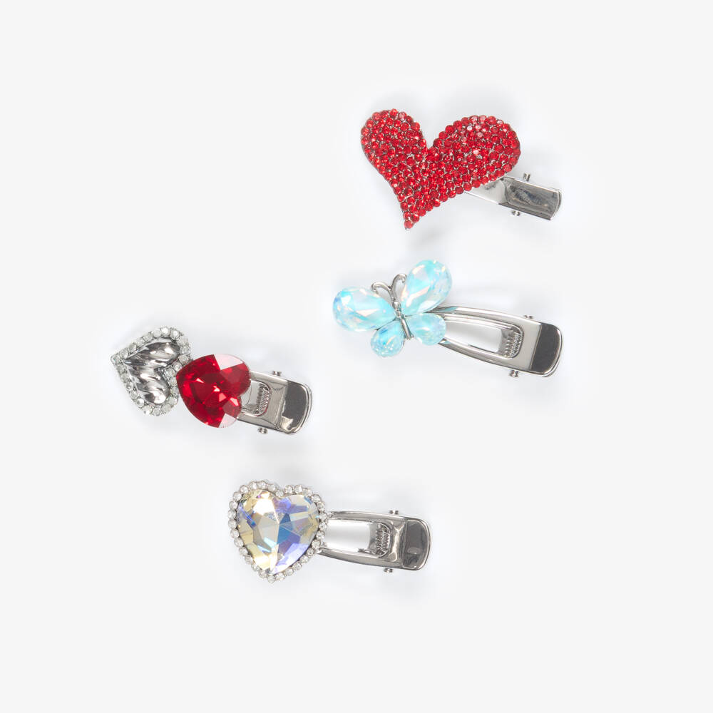 Monnalisa-Girls Red Heart & Butterfly Hair Clips (4 Pack) | Childrensalon