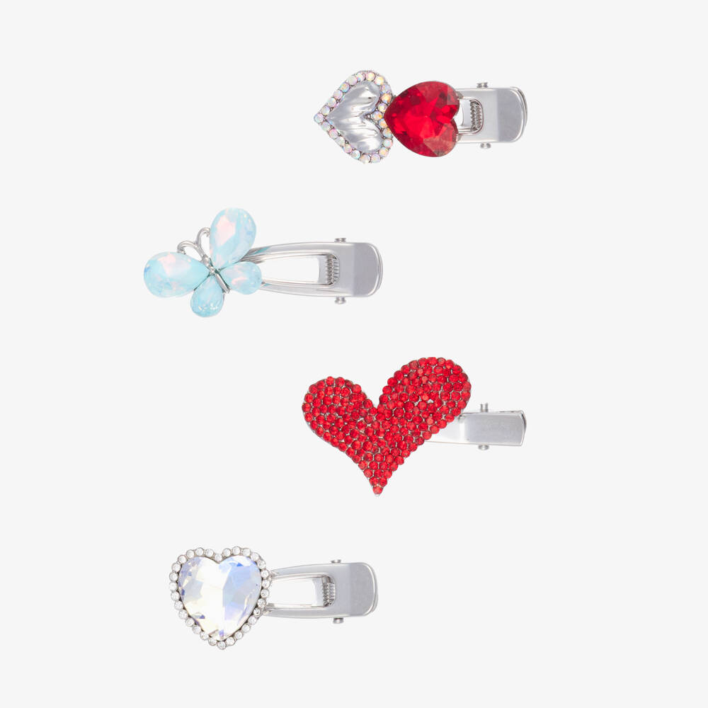 Monnalisa-Girls Red Heart & Butterfly Hair Clips (4 Pack) | Childrensalon