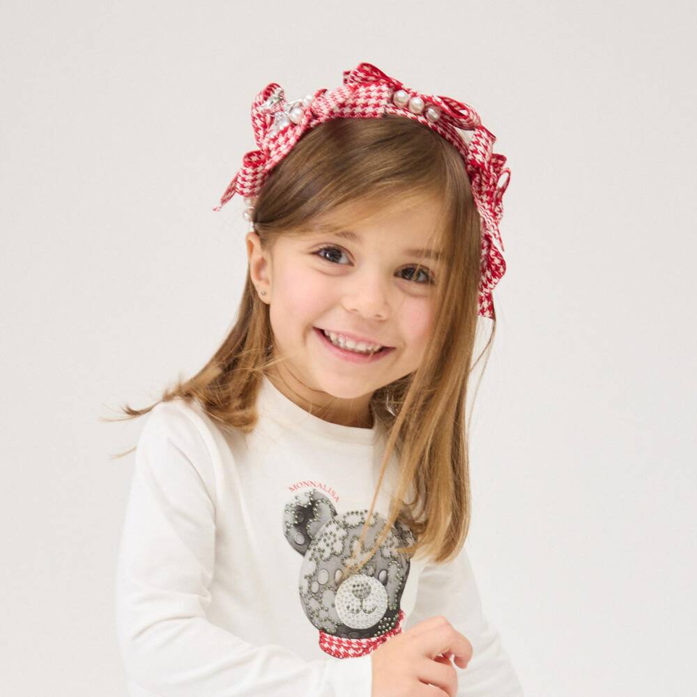 Monnalisa-Girls Red Houndstooth Hairband with Bows | Childrensalon