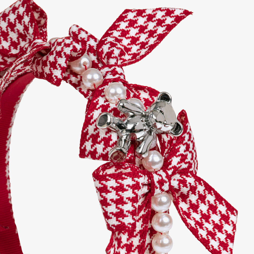 Monnalisa-Girls Red Houndstooth Hairband with Bows | Childrensalon