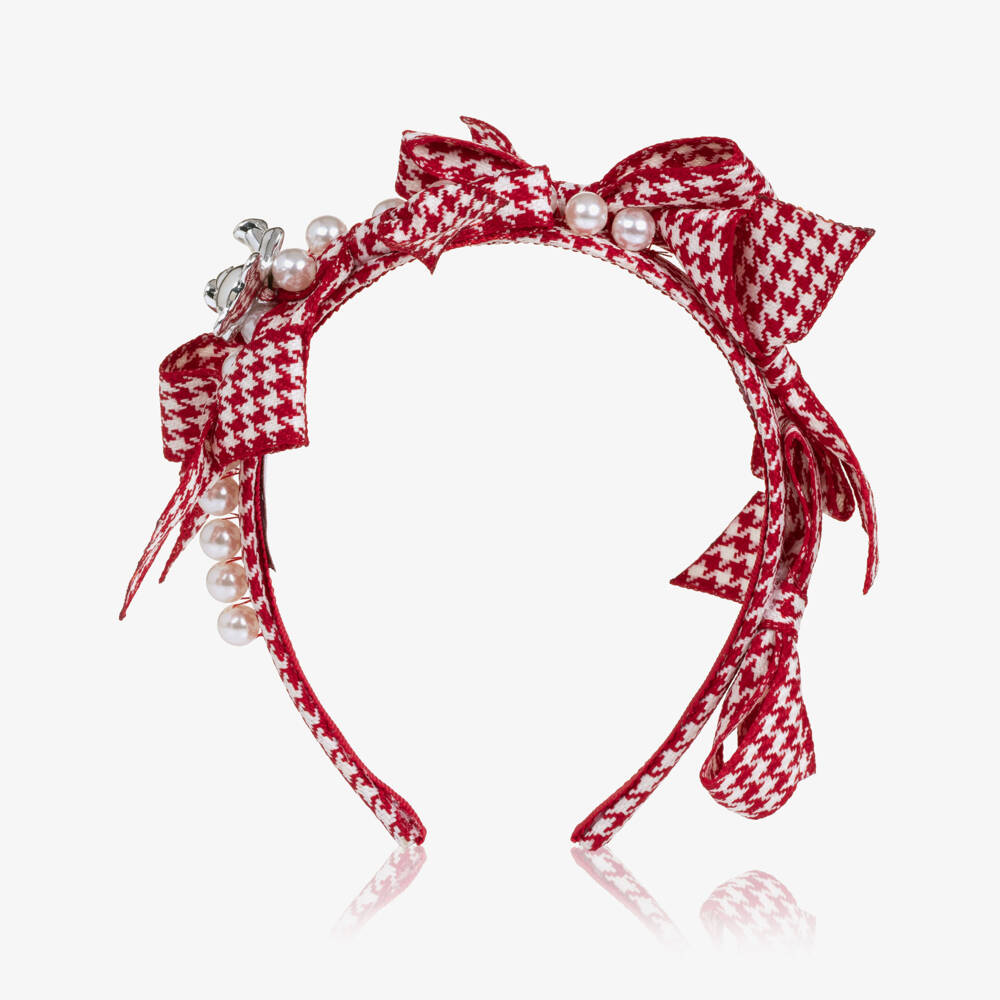 Monnalisa-Girls Red Houndstooth Hairband with Bows | Childrensalon