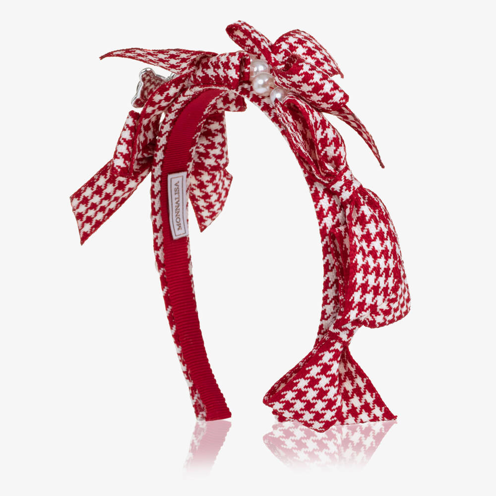 Monnalisa-Girls Red Houndstooth Hairband with Bows | Childrensalon