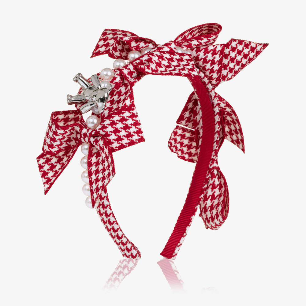 Monnalisa-Girls Red Houndstooth Hairband with Bows | Childrensalon