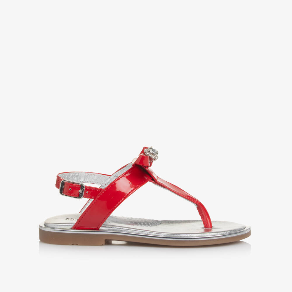 Monnalisa-Girls Red Patent Leather Sandals with Bow & Rhinestone | Childrensalon