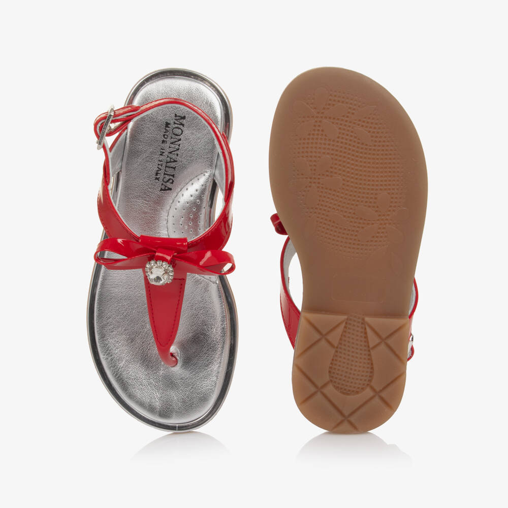 Monnalisa-Girls Red Patent Leather Sandals with Bow & Rhinestone | Childrensalon