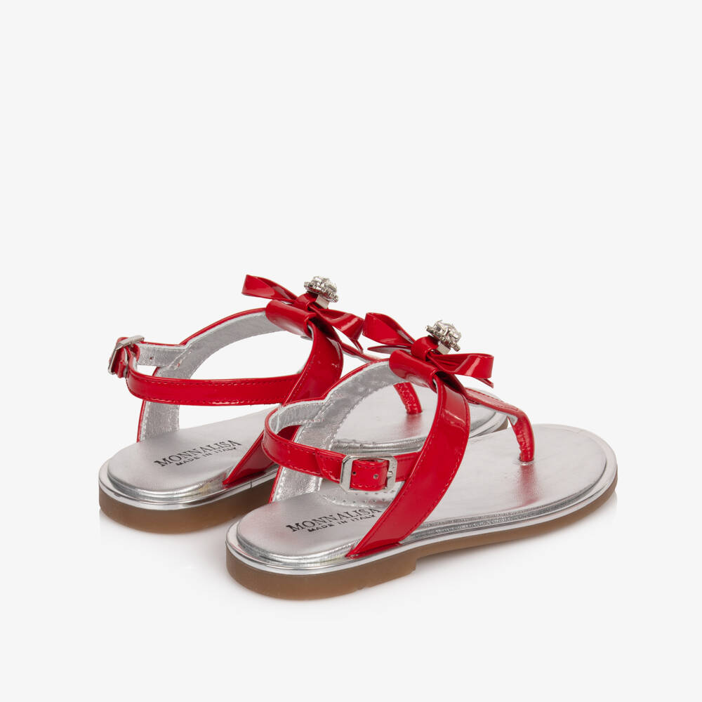Monnalisa-Girls Red Patent Leather Sandals with Bow & Rhinestone | Childrensalon
