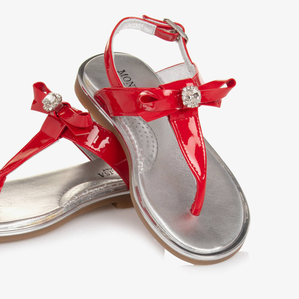 Monnalisa-Girls Red Patent Leather Sandals with Bow & Rhinestone | Childrensalon