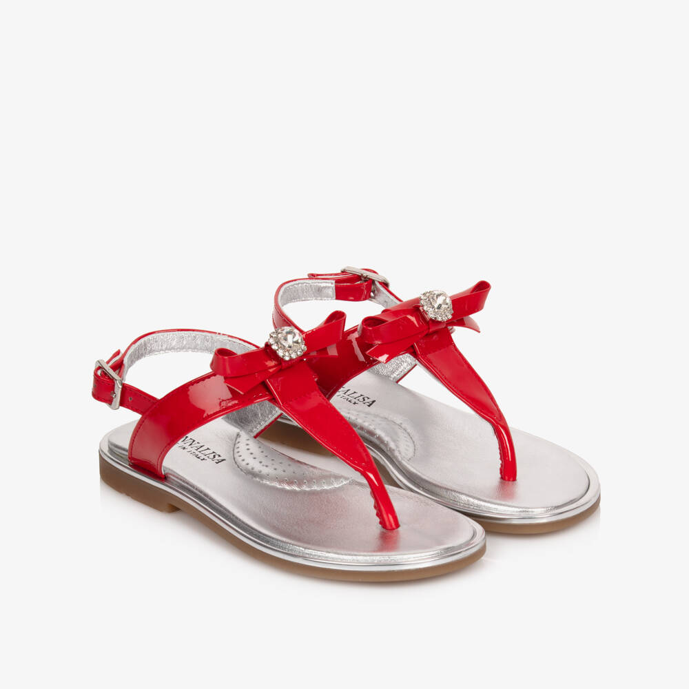 Monnalisa-Girls Red Patent Leather Sandals with Bow & Rhinestone | Childrensalon