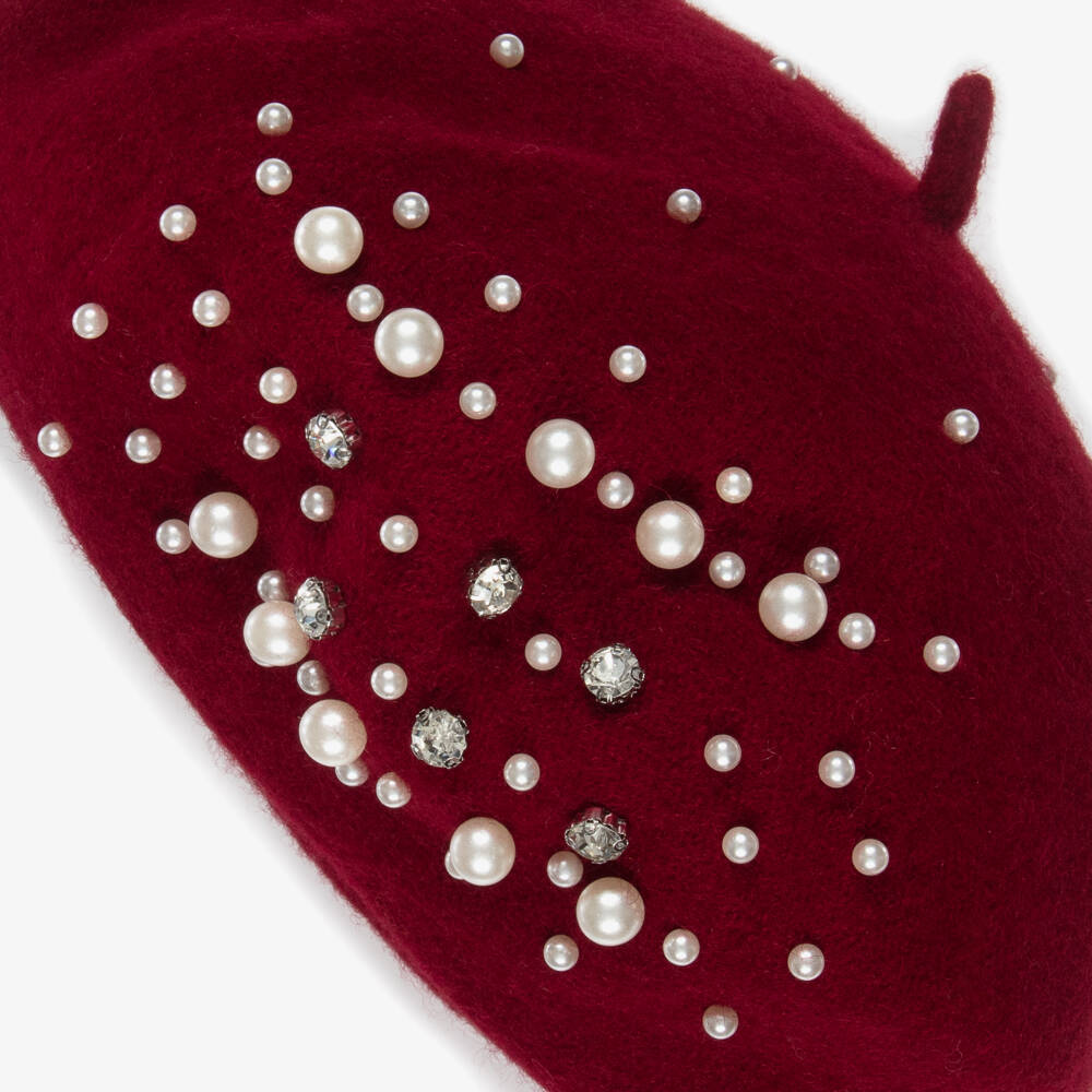 Monnalisa-Girls Red Pearl & Diamanté Beret | Childrensalon