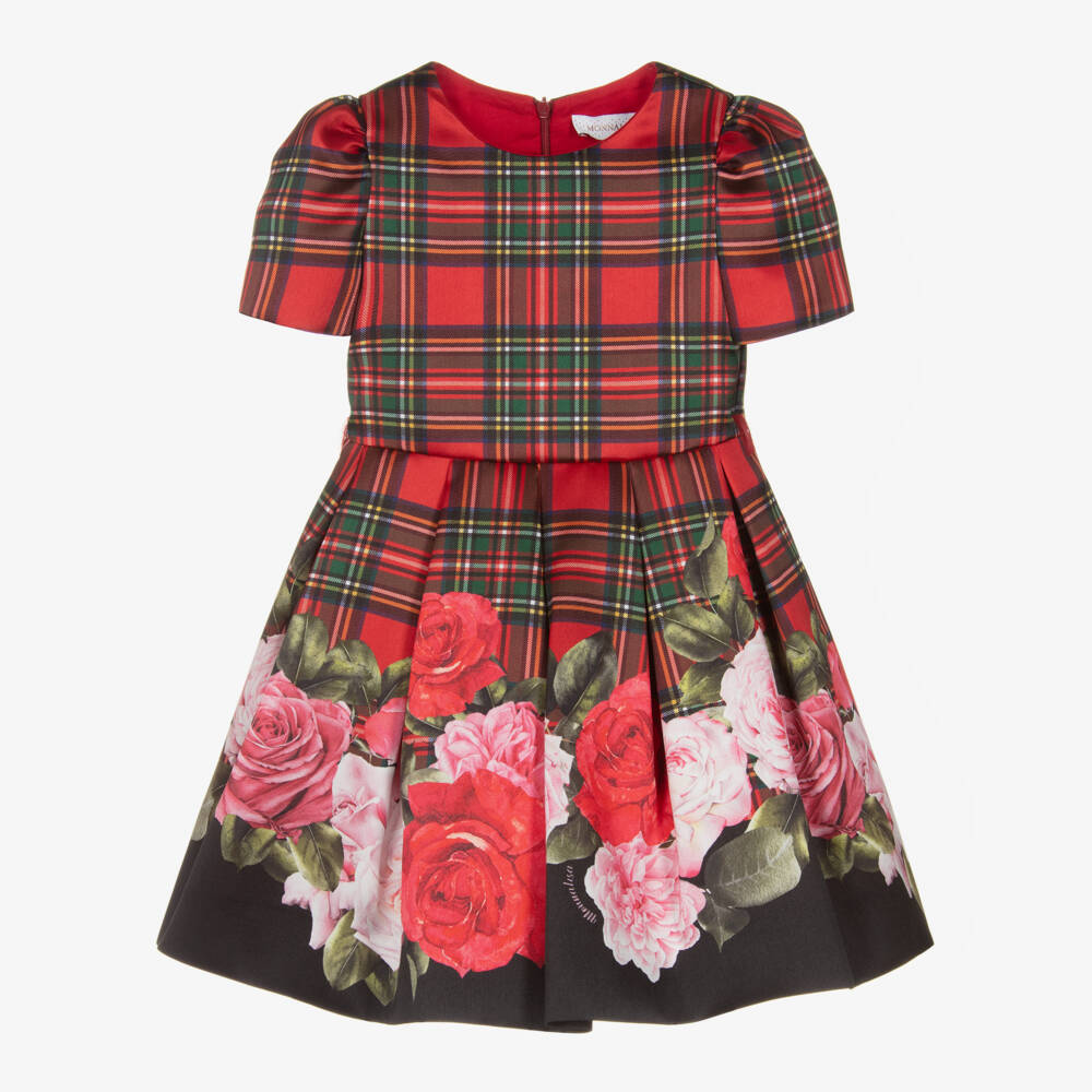 Monnalisa-Платье красную в клетку тартан с розами | Childrensalon