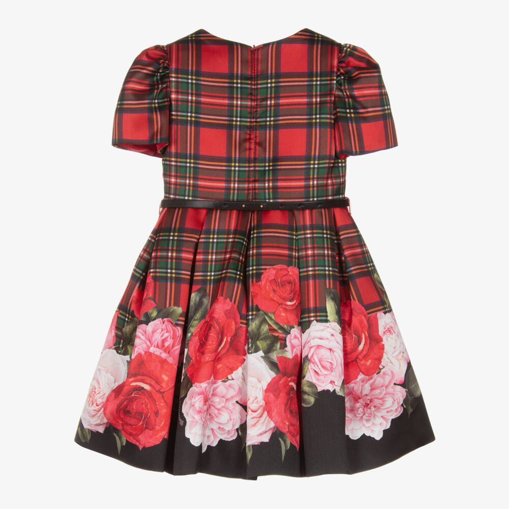 Monnalisa-Платье красную в клетку тартан с розами | Childrensalon