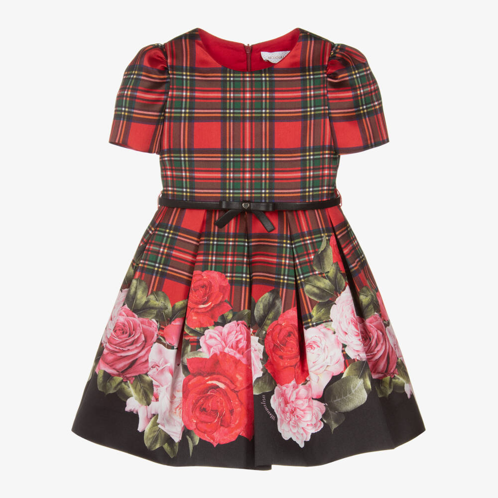 Monnalisa-Girls Red Tartan & Rose Print Dress | Childrensalon