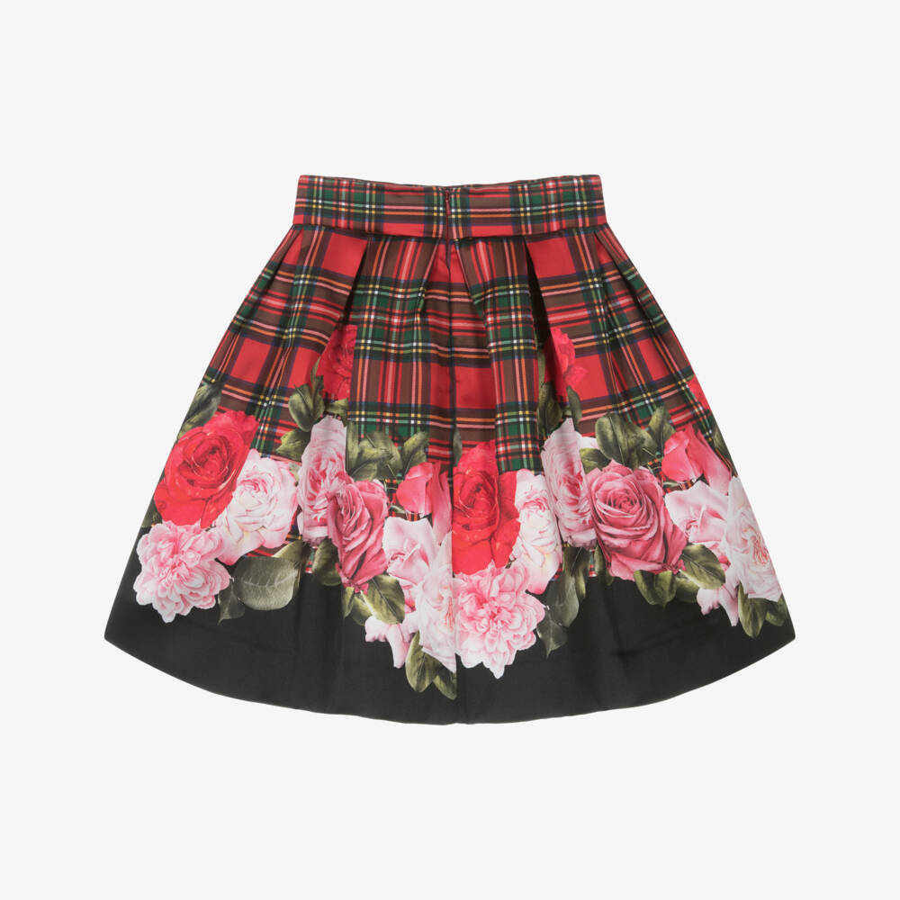 Monnalisa-Girls Red Tartan & Rose Print Satin Skirt | Childrensalon