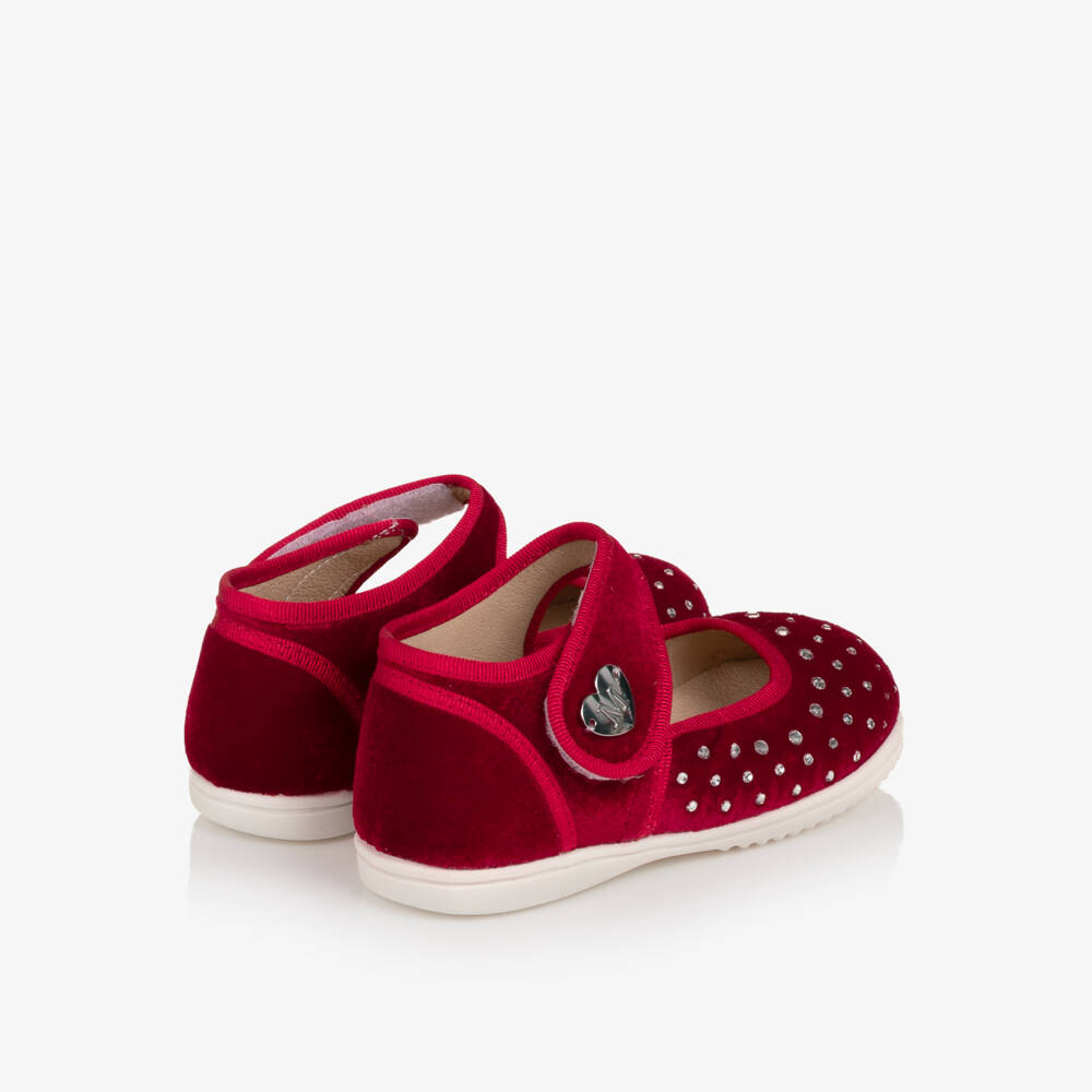 Monnalisa-Girls Red Velvet Bar Shoes with Rhinestones | Childrensalon