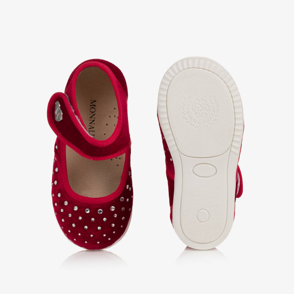 Monnalisa-Girls Red Velvet Bar Shoes with Rhinestones | Childrensalon